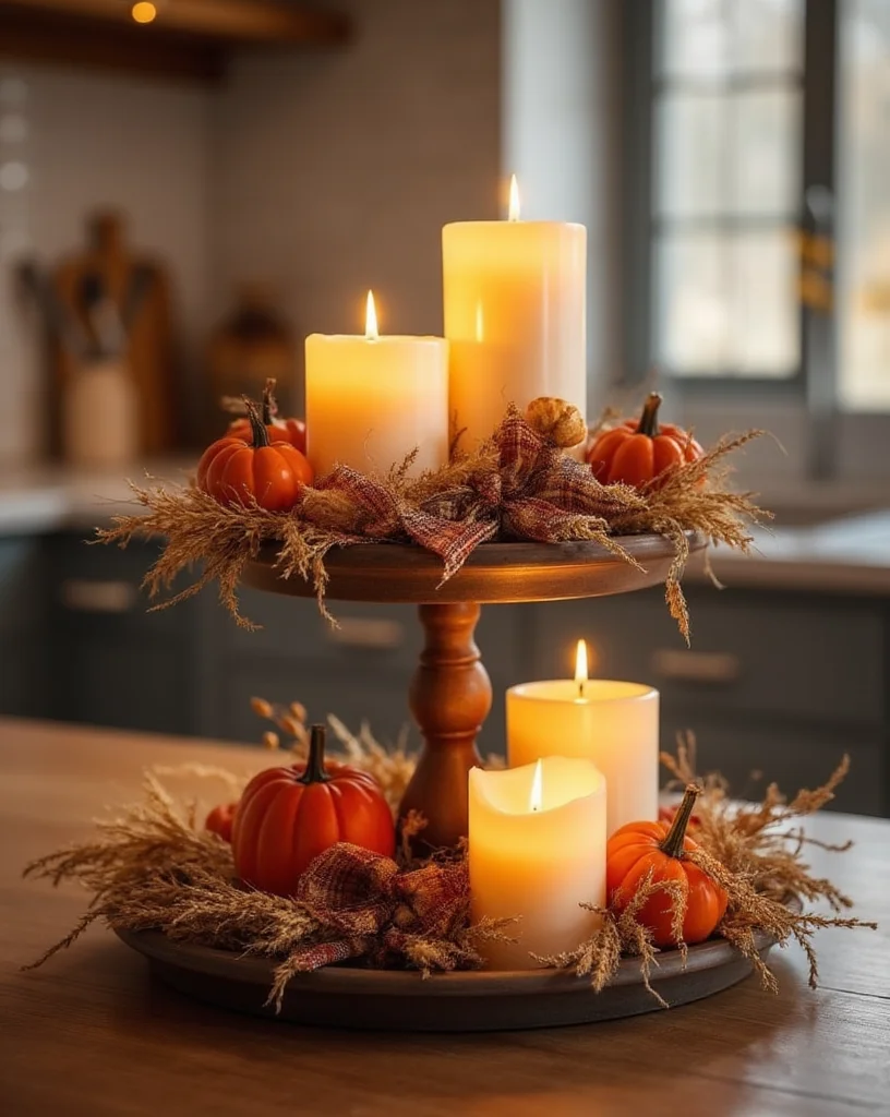 Cozy winter and fall candle display
A tiered centerpiece featuring lit pillar candles, small orange pumpkins, and dried autumn foliage, set on a wooden stand. 
