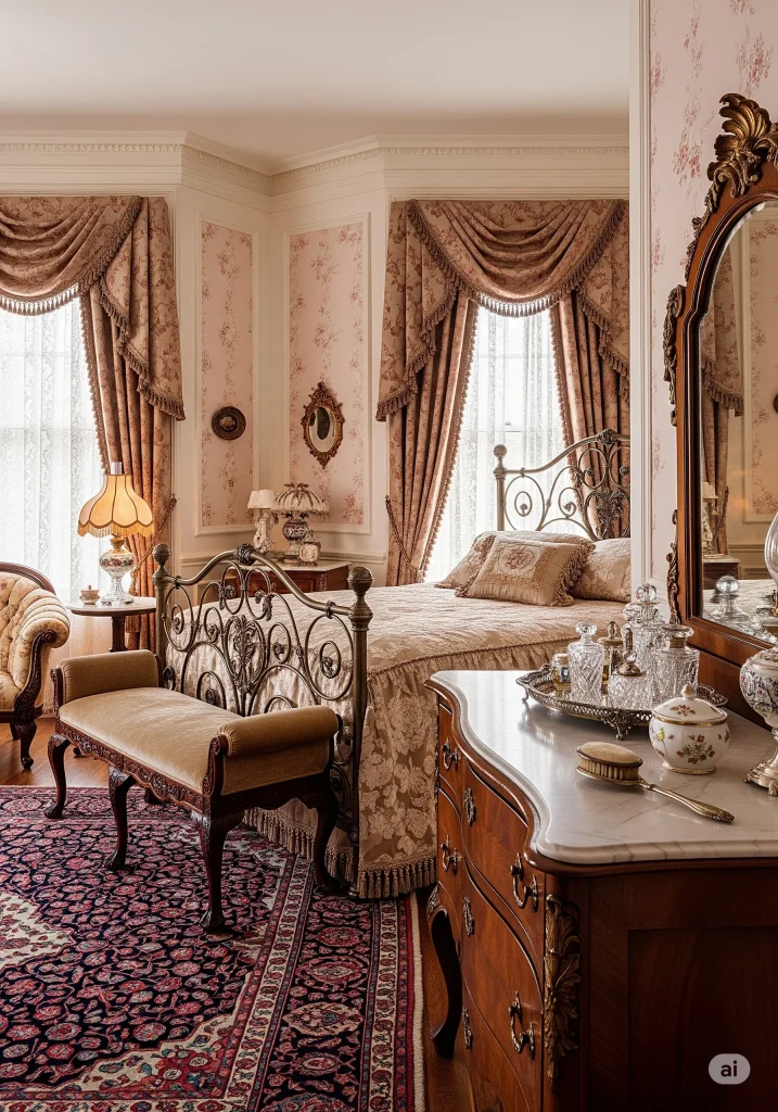 A vintage-style Victorian bedroom featuring an ornate metal bed, draped curtains, floral wallpaper, and antique furniture including a vanity with decorative bottles and a mirror