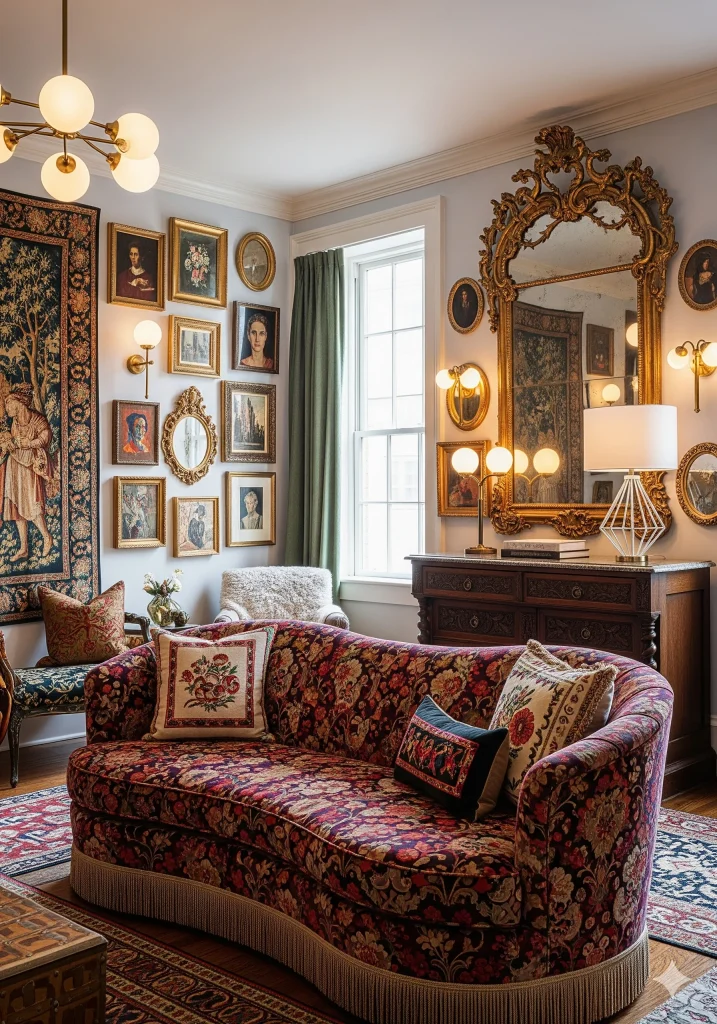 A richly decorated living room with a floral sofa, tapestry, and a gallery wall of framed art