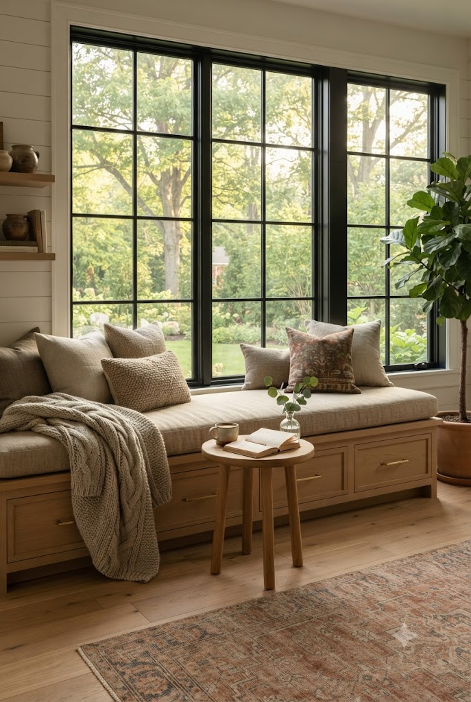cozy window seat reading nook