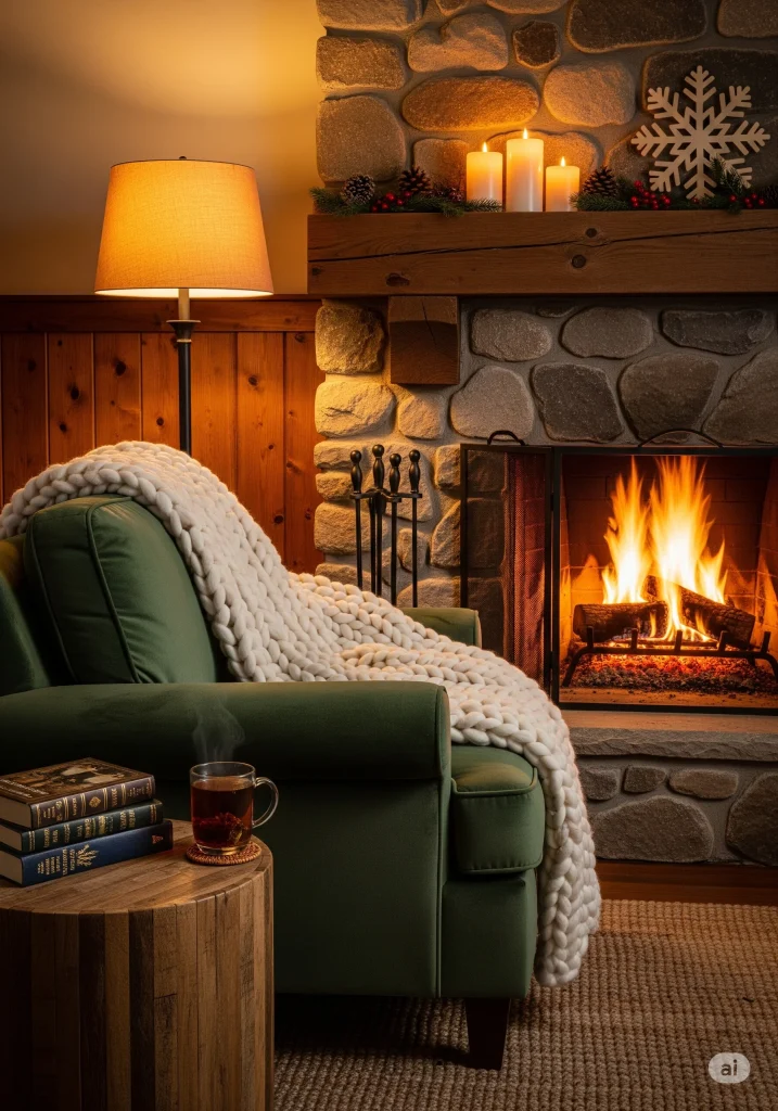 A cozy living room scene with a lit fireplace, a green armchair draped with a chunky knit blanket, a floor lamp, and a mug on a stack of books.