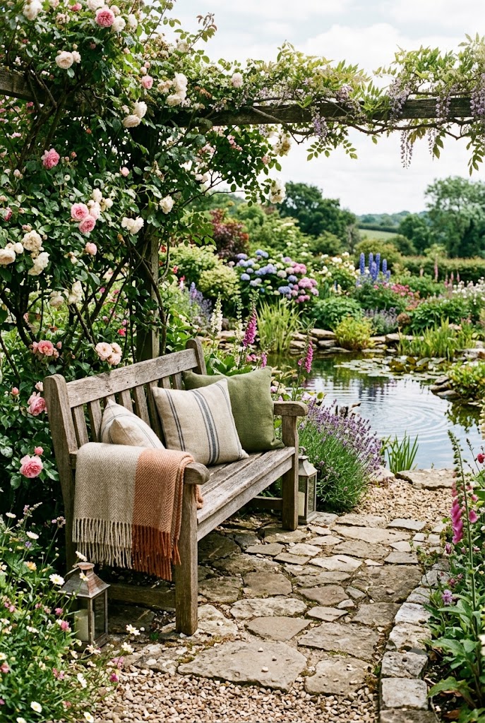 wooden bench at the edge of your garden