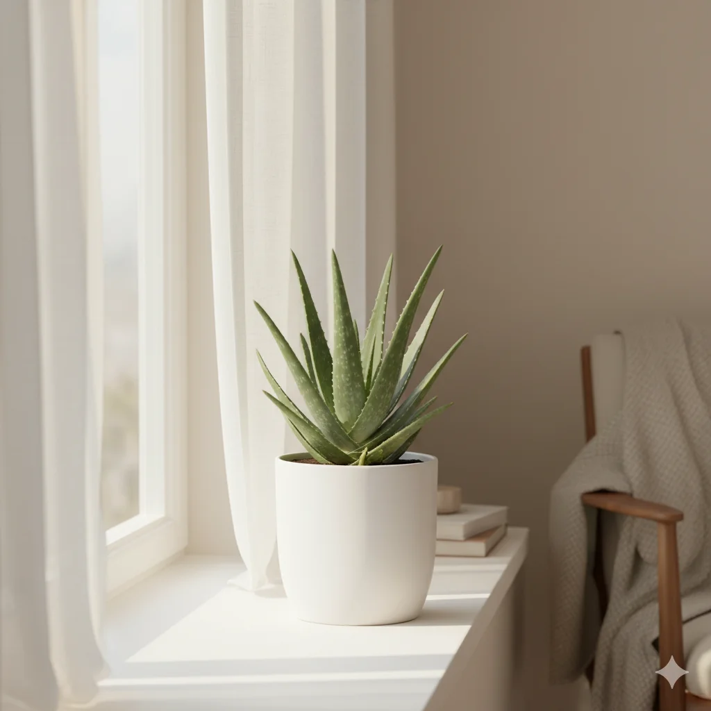 A potted aloe vera Succulent Plants sits on a sunlit windowsill with white sheer curtains and a chair in the background. 