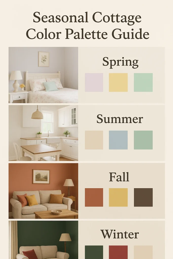 Infographic showing interior design Cottage Color Palette for Spring (light purple, yellow, mint green), Summer (cream, light blue, light green), Winter ( deep green, cream, burgendy) and Fall (terracotta, gold, dark brown). 