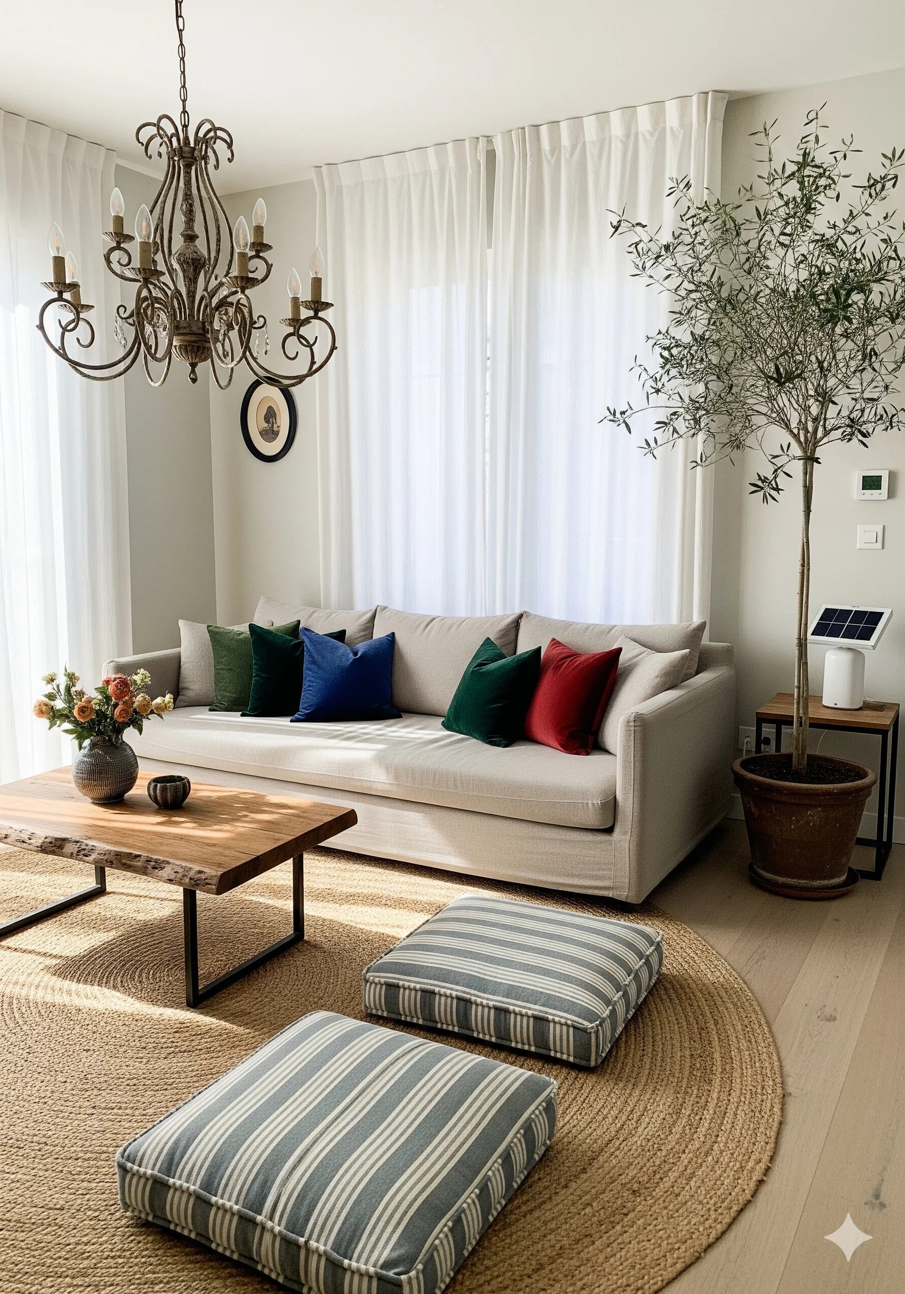 A living room with a light-colored sofa adorned with colorful throw pillows, a wooden coffee table with flowers, a large potted plant, and a chandelier.