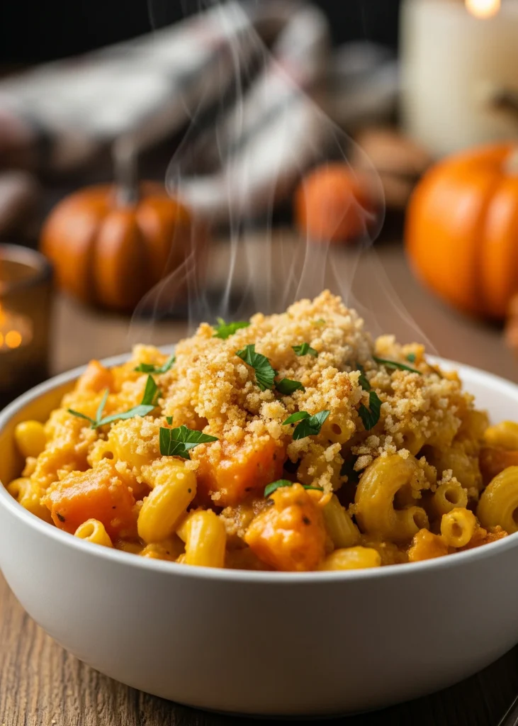 A close-up of steaming butternut squash mac and cheese in a white bowl, topped with breadcrumbs and parsley, with pumpkins in the blurred background.