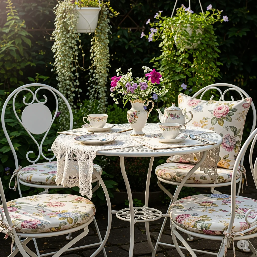 A white wrought-iron patio table and chairs with floral cushions set in a lush garden with a tea set and flower arrangements.