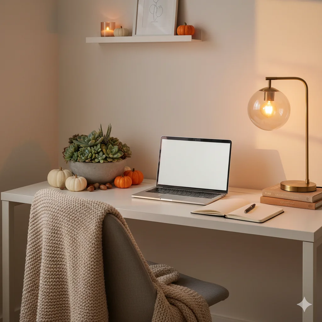 A cozy desk setup with a laptop, lamp, succulent plants filled in a bowl-shaped planter, and autumn decor like pumpkins and a blanket. 