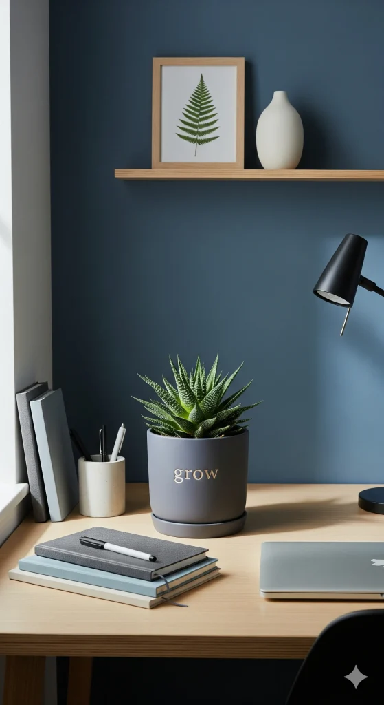 A desk with a succulent plant in a "grow" pot, books, a laptop, and a black lamp against a blue wall.