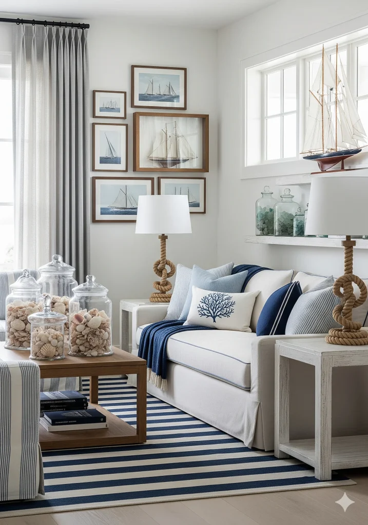 A coastal-themed living room with a white sofa, blue and white striped accents, rope lamps, nautical artwork, and glass jars filled with seashells.