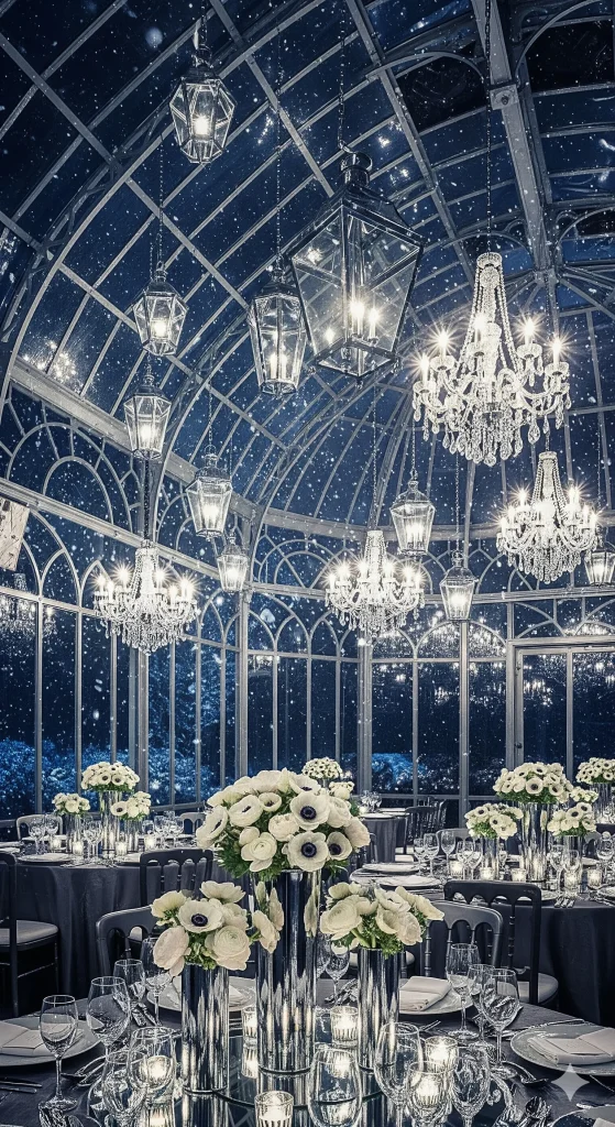 A lavish glass conservatory or orangery decorated for an event, featuring elegant table settings with white flowers, multiple chandeliers, and a starry night sky visible through the glass roof.