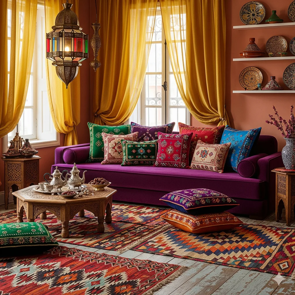 A vibrant, Moroccan-inspired living room with a purple sofa, colorful pillows, patterned rugs, a low wooden table with a tea set, and ornate lanterns.