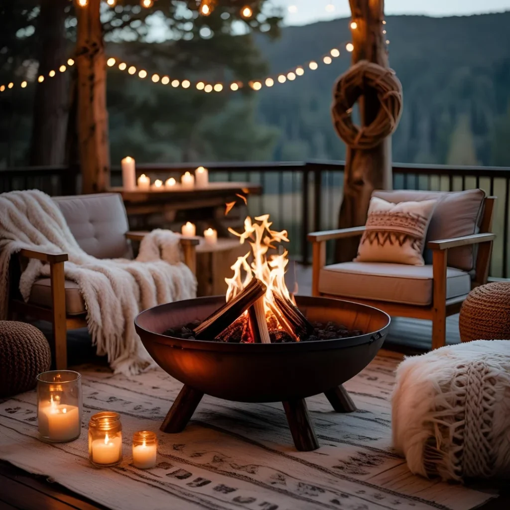 A cozy outdoor patio at dusk with a lit fire pit, string lights, and comfortable seating, including armchairs with blankets and candles.