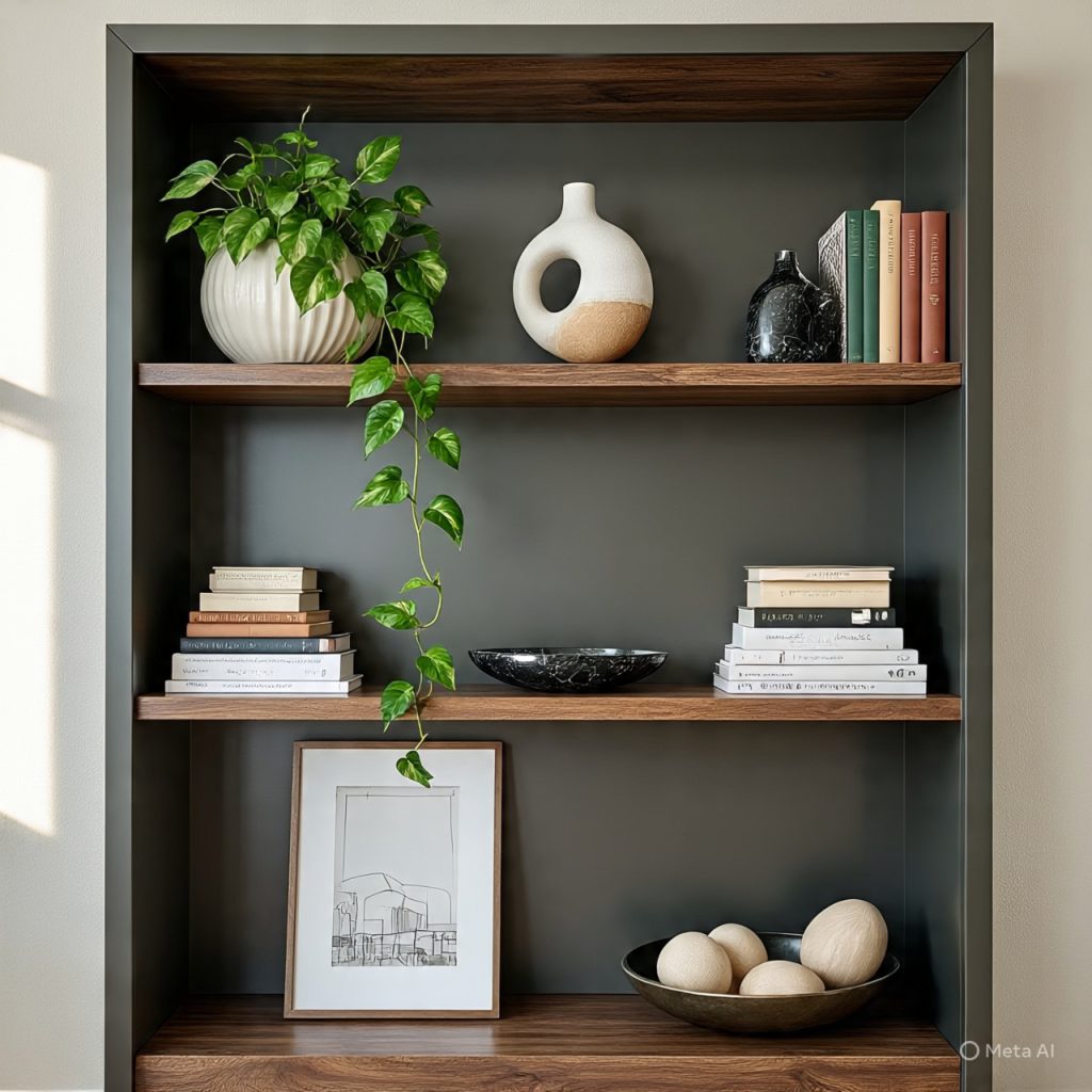 A stylish dark wood bookshelf with three shelves filled with decorative items, including potted plants, books, vases, and bowls, against a dark gray wall.