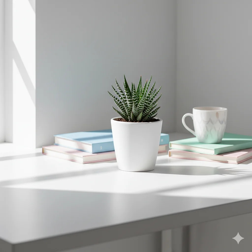 A potted Zebra Haworthia succulent on a white surface next to stacked books and a mug.