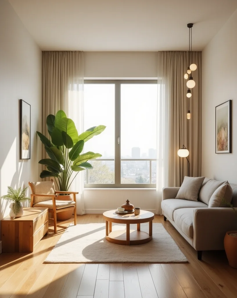 A bright, minimalist living room with a large window, a light-colored sofa, a wooden coffee table, a green plant, and a wooden chair.