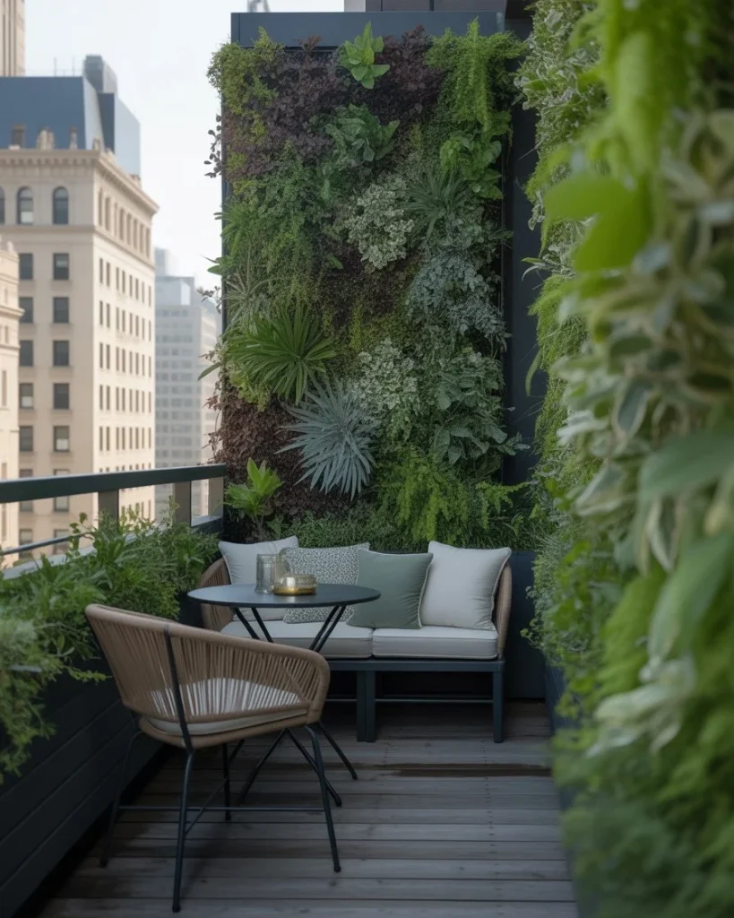 A balcony with a vertical garden, featuring outdoor furniture including a small table and seating, overlooking a city skyline.