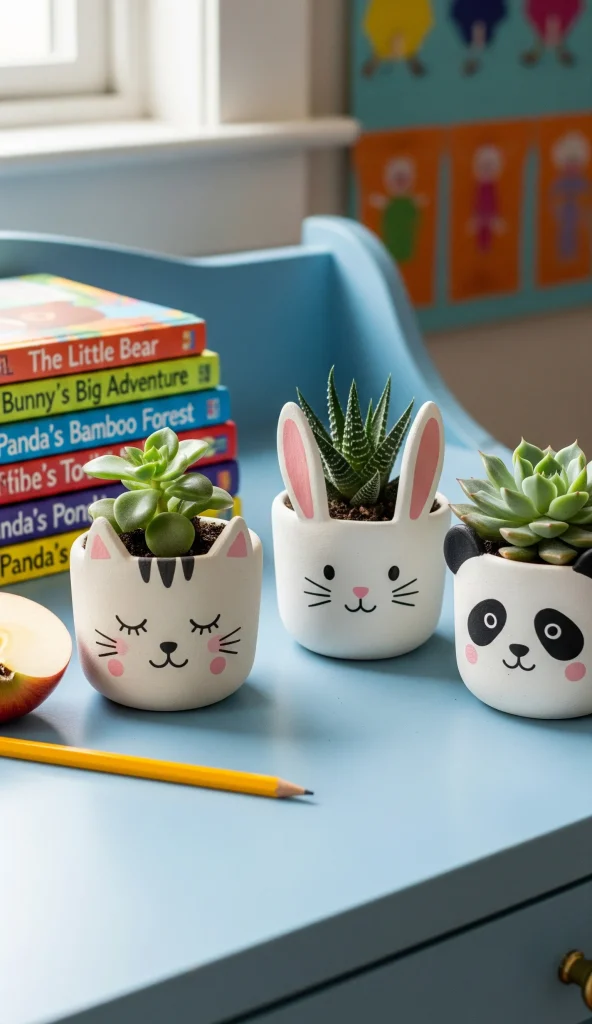 Three white ceramic animal-shaped succulent planters (cat, bunny, panda) on a blue surface, with an apple, a pencil, and colorful children's books in the background.