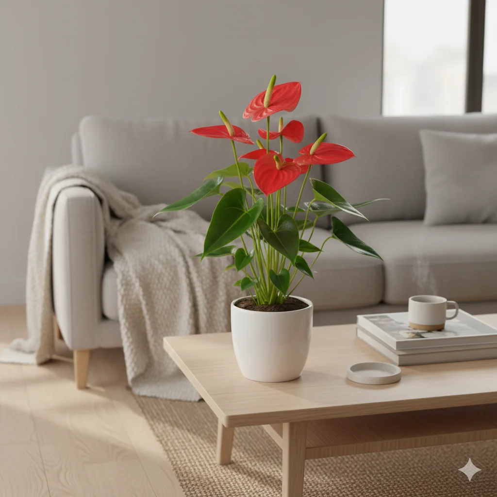 Bright red anthurium in a glossy planter, styled on a coffee table