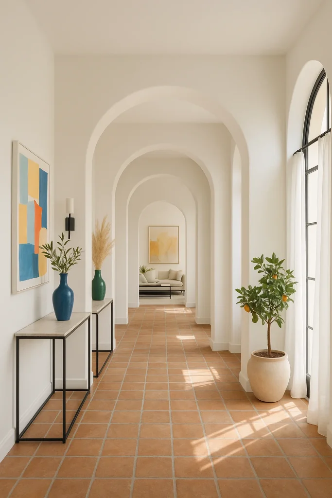 A long hallway with multiple arches, terracotta tile flooring, and a small citrus tree in a pot, leading to a living area in the background.
