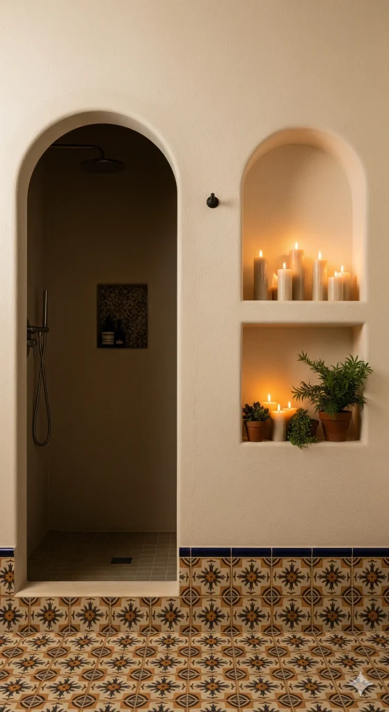 A shower area with arched entryways and decorative niches holding lit candles and potted plants.