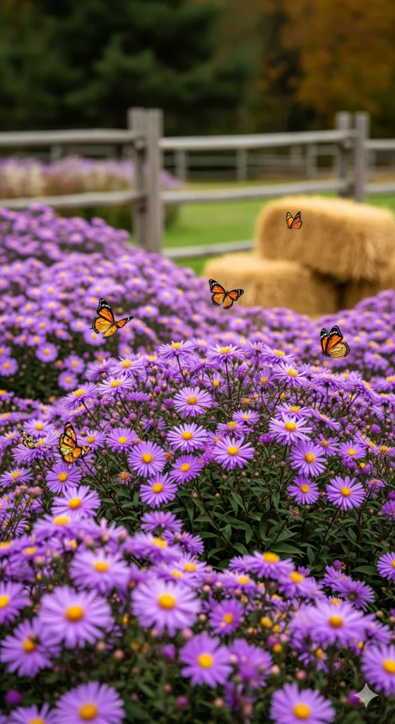 A field of purple aster flowers with several orange and black butterflies flying above them. 
