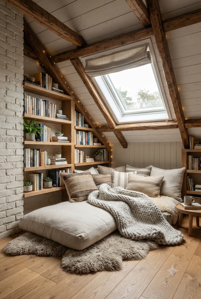 A cozy attic reading nook under a skylight, with built-in bookshelves, a floor cushion layered with pillows and a chunky knit throw, and exposed wooden beams.