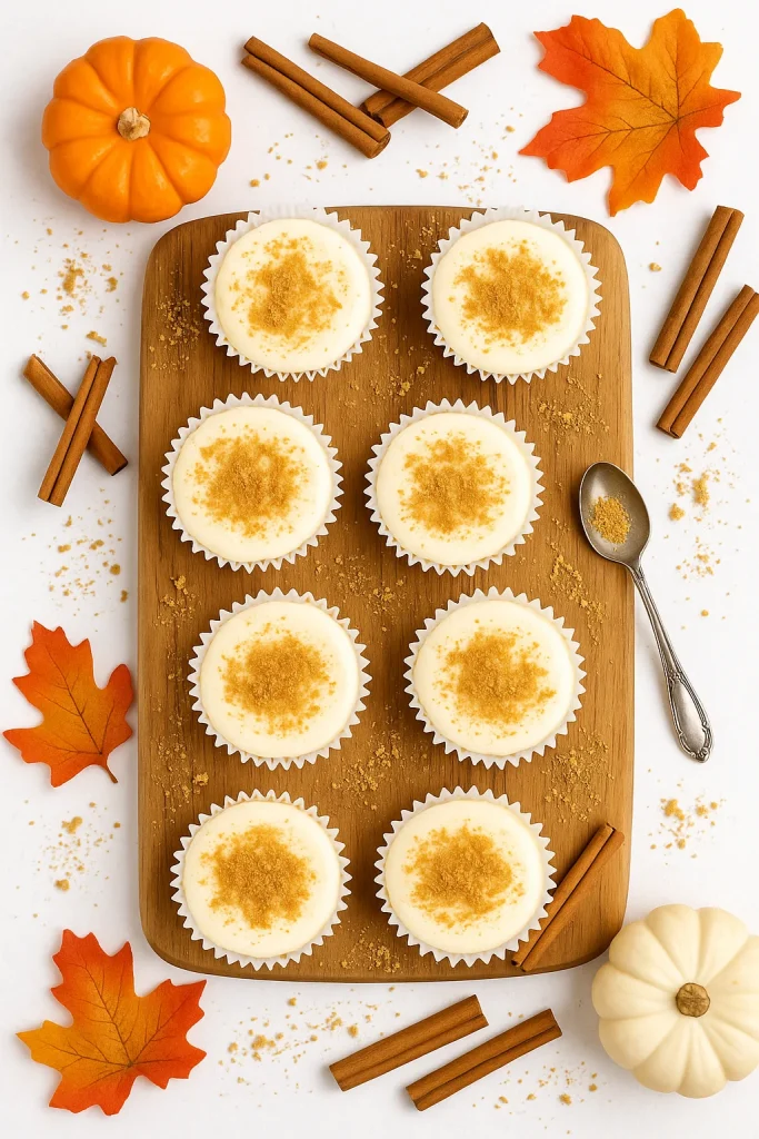 Mini pumpkin cheesecakes cups with crumb topping on a wooden board, surrounded by autumn decorations like a pumpkin, cinnamon sticks, and fall leaves.