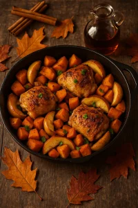 A skillet with roasted chicken thighs, sweet potatoes, and apple slices, garnished with herbs, on a wooden surface with autumn leaves and cinnamon sticks.