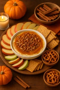 Caramel apple dip with apple slices, crackers, and pretzels on a wooden tray.