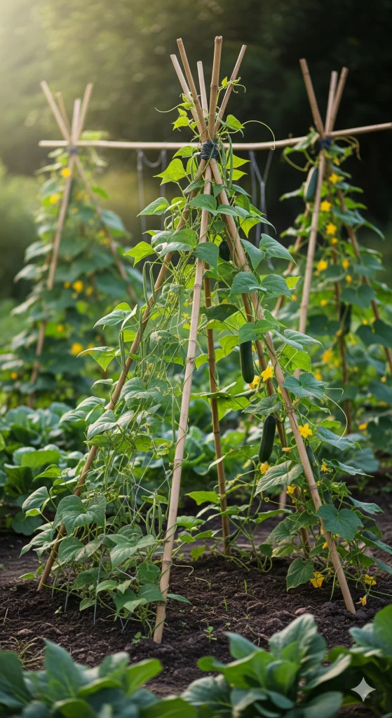 A-frame trellises supporting climbing cucumber plants with visible cucumbers and yellow flowers in a garden setting. 