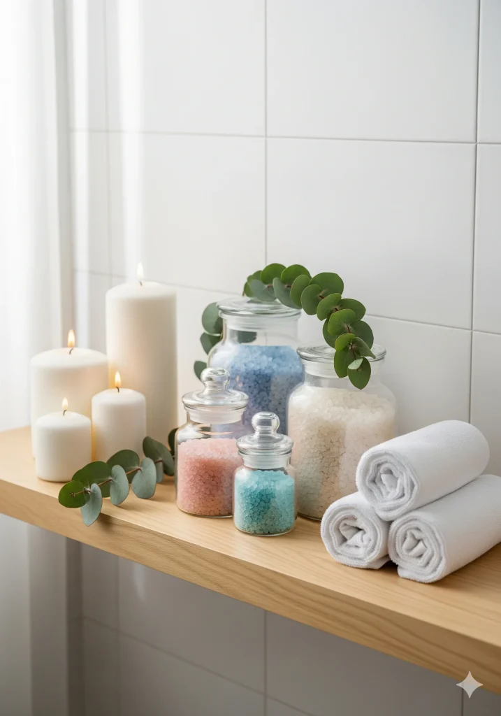 A collection of bath salts in jars, candles, rolled towels, and eucalyptus branches on a wooden shelf in a bathroom setting.