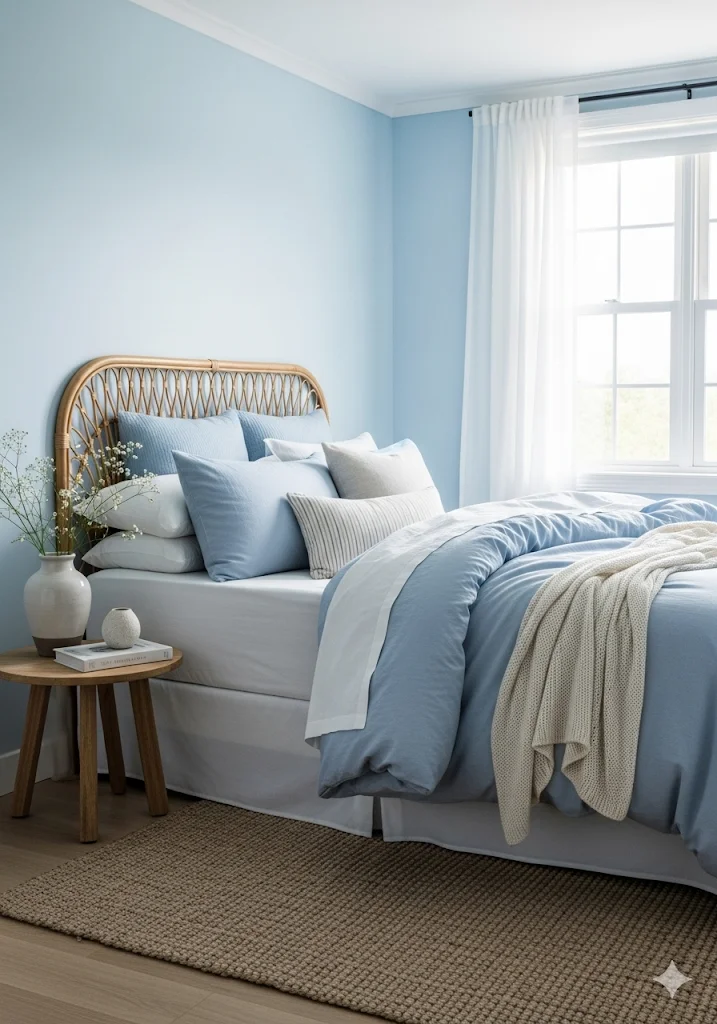 A serene bedroom with light blue walls, a rattan headboard, blue and white bedding, a wooden nightstand with a vase of flowers, and a window with white curtains. 