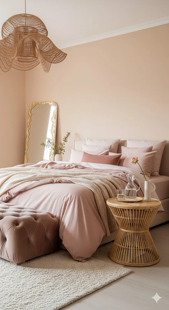 A cozy bedroom with soft pink bedding, a woven pendant light, a gold-framed mirror, and a rattan side table with a vase of flowers.