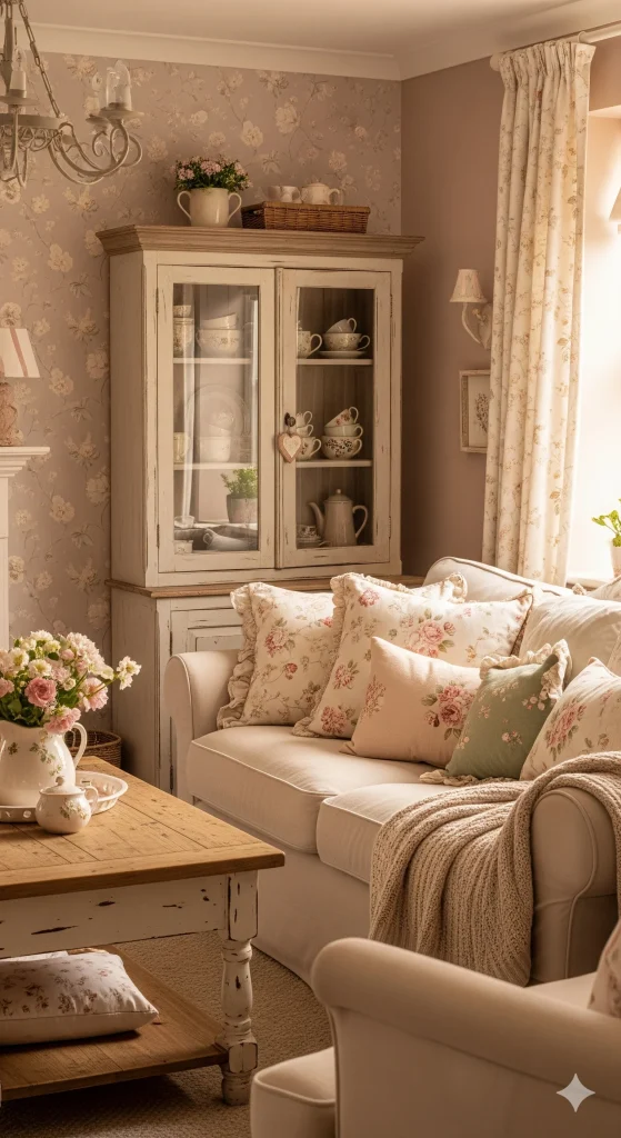 A cozy Cottage Color Palette living room with a floral wallpaper, a white display cabinet filled with teaware, and a cream-colored sofa adorned with floral cushions and a knitted throw. 