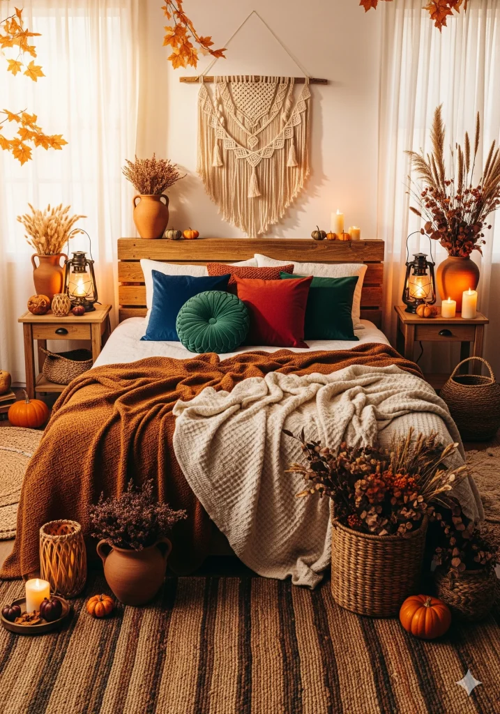 A cozy, bohemian-style bedroom decorated for autumn with warm colors, macrame wall hanging, and fall accents like pumpkins and dried foliage. 