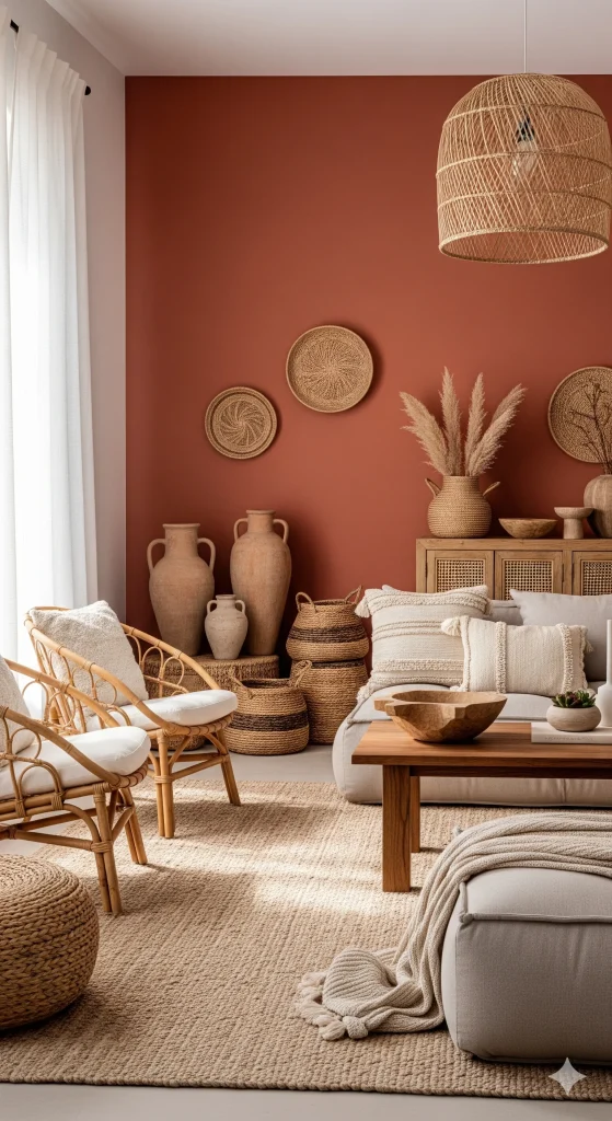 Boho-style living room with terracotta walls, rattan chairs, a light-colored sofa, and various woven baskets and pottery.