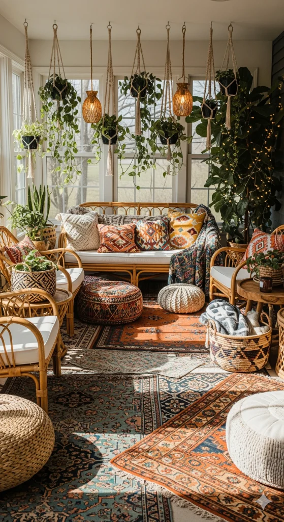 Sunroom Ideas
A cozy, plant-filled sunroom decorated in a bohemian style with rattan furniture, patterned textiles, and string lights. 