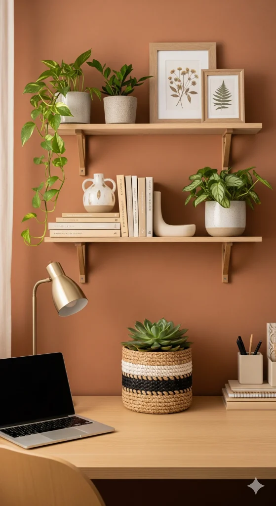 A terracotta-colored wall with two wooden shelves holding potted plants, books, and decorative vases above a desk with a laptop, a lamp, and a plant in a woven basket.
