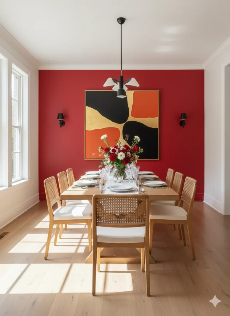 Color Psychology in Interior Design: A dining room with a red accent wall, a long wooden table set for dinner, wicker chairs, and a large abstract painting above the table.