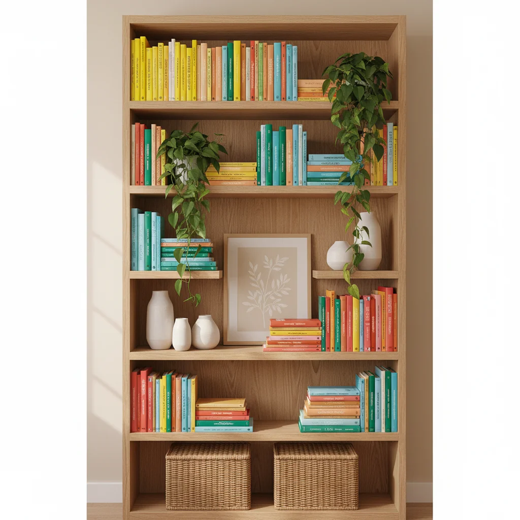 A wooden bookshelf filled with colorful books, plants, and decorative vases.