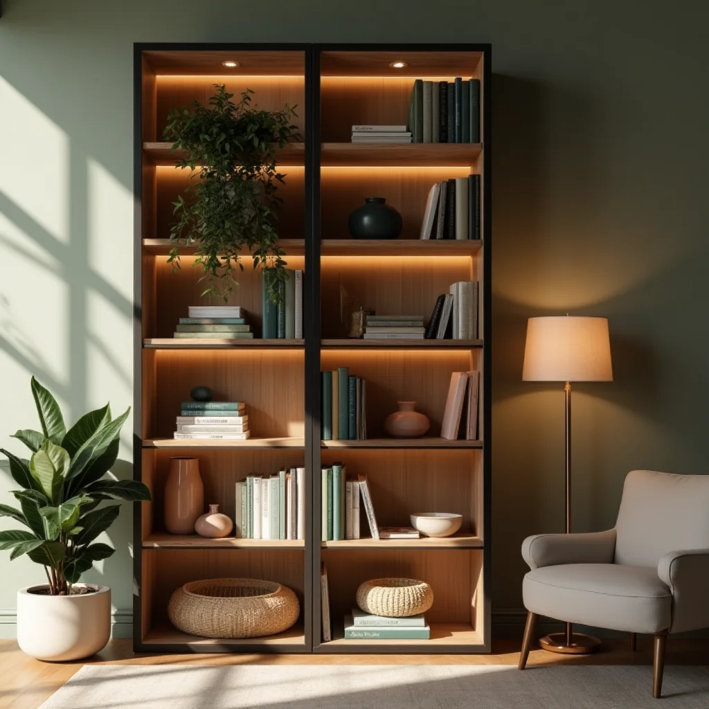 A modern living room with a tall, illuminated wooden bookshelf filled with books and decor, next to a floor lamp and an armchair. 
