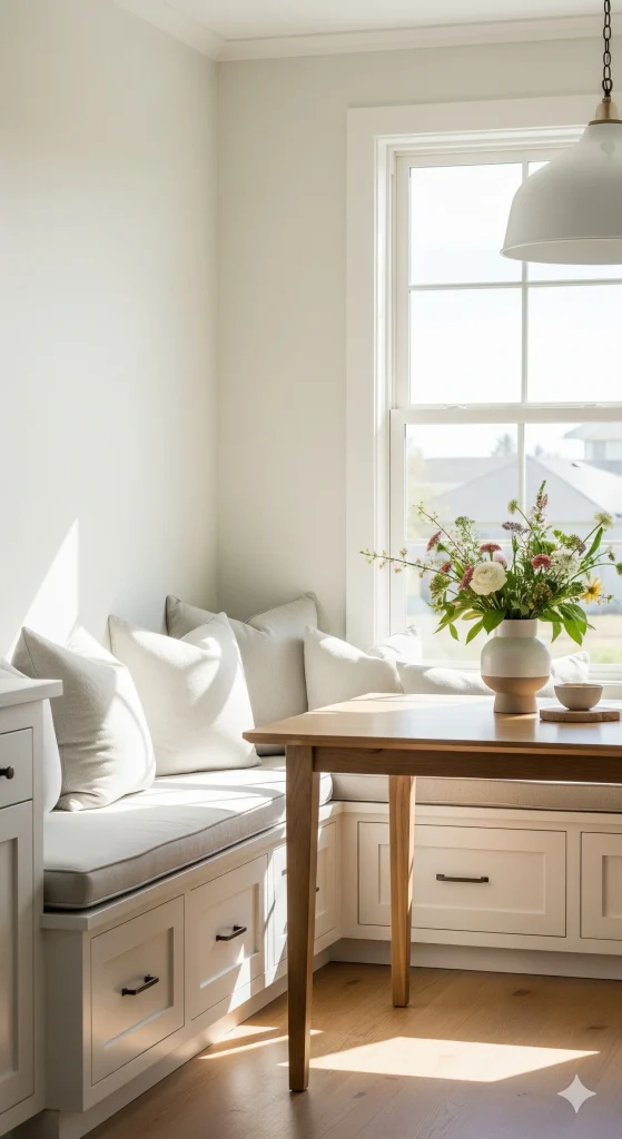 Breakfast Nook Ideas
A cozy kitchen breakfast nook with built-in banquette seating, a wooden table, and a vase of flowers. 