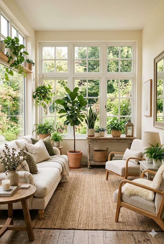 A bright sunroom with large windows, filled with natural light