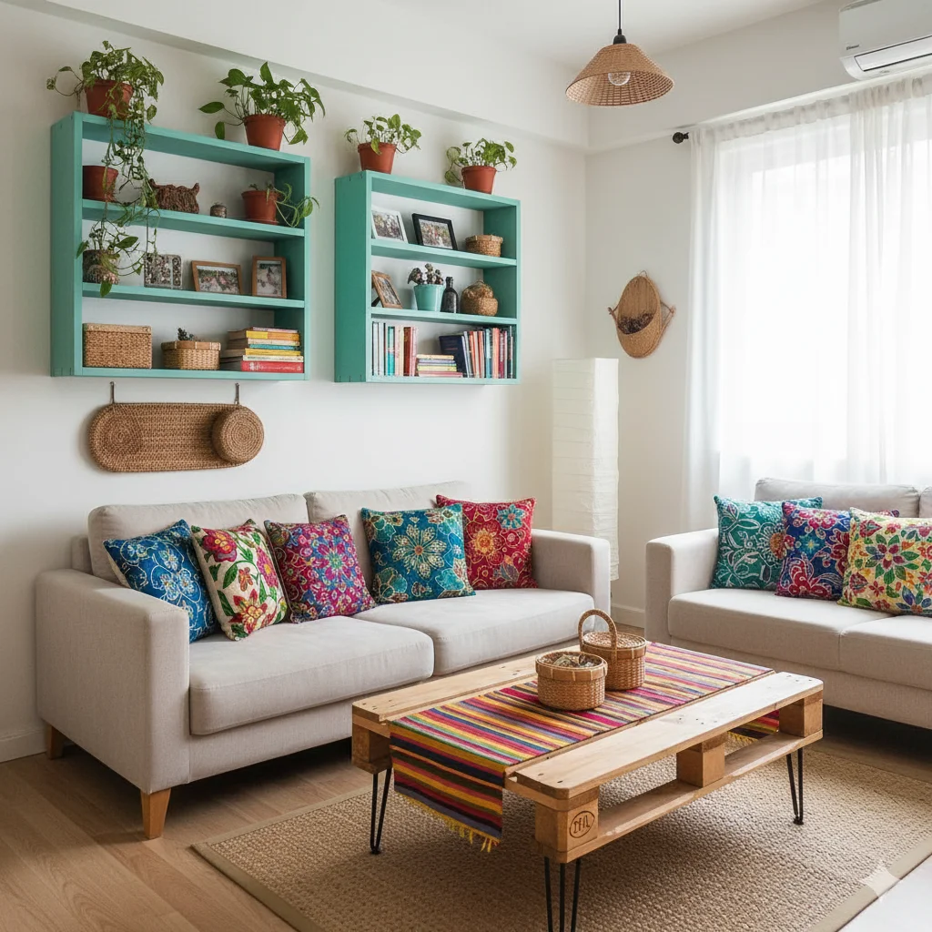 A bright living room with two beige sofas adorned with colorful throw pillows, a wooden pallet coffee table with a striped runner, and two turquoise wall-mounted shelves holding plants and books.