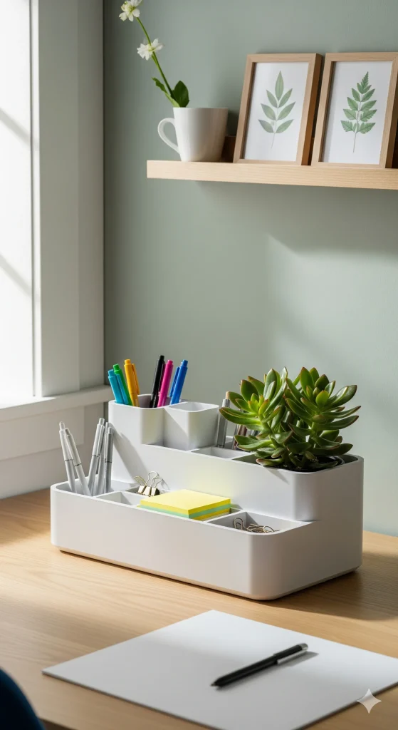 Desk Décor with Succulent Planters
A white multi-compartment desk organizer filled with office supplies and a succulent plant on a wooden desk.