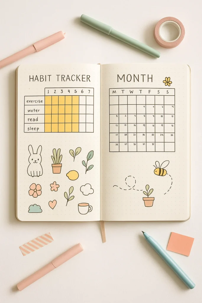 Bullet Journal Spreads
A bullet journal spread showing a habit tracker for exercise, water, read, and sleep, alongside a monthly calendar and decorative doodles of a bunny, plants, and a bee.
