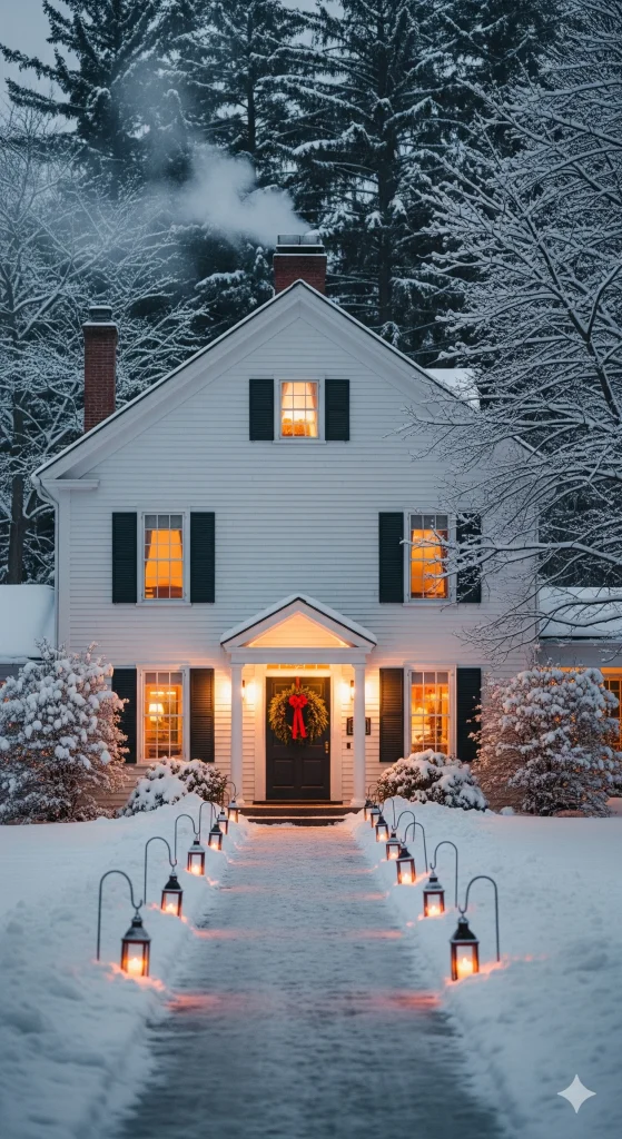 Winter Wedding Venues
A white house decorated for the holidays, covered in snow, with illuminated lanterns lining the path to the front door. 