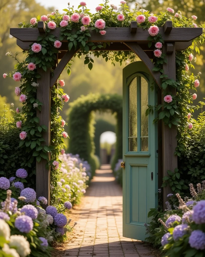 A wooden archway covered in pink climbing roses leading to a garden path with a green door.