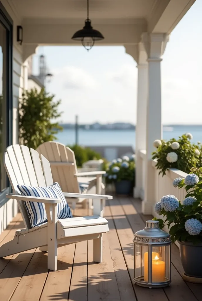 White Adirondack chairs on a wooden porch overlooking a body of water, with a striped pillow, a lantern, and potted plants. 